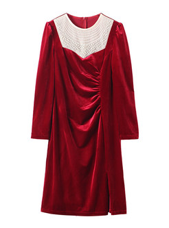 Crewneck Beading Sequins Smocked Velvet Shift Dresses