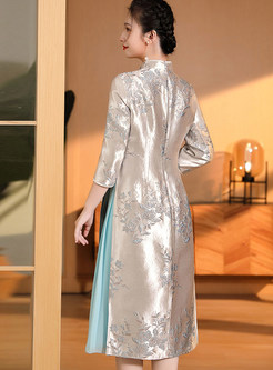 Mock Neck 3/4 Sleeve Jacquard Cheongsam Dresses