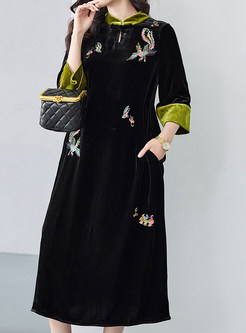 Elegant Embroidered Color-Blocked Midi Dresses