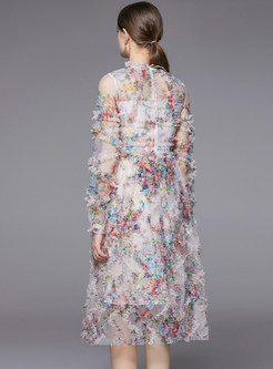 Fashion Ruffle Neckline Mesh Blurred Floral Midi Dresses