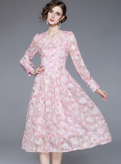 Sweet & Cute V-Neck Floral Print Big Hem Midi Dresses