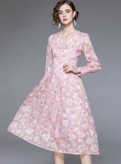 Sweet & Cute V-Neck Floral Print Big Hem Midi Dresses