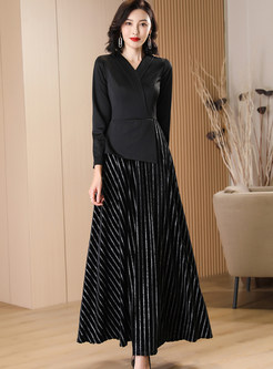 Vintage Velvet Splicing Striped Big Hem Maxi Dresses