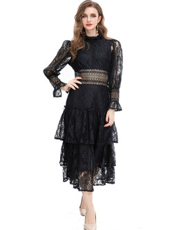 Lace Collar Water Soluble Lace Pleated Tiered Dresses
