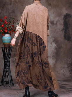 Relaxed Linen-Blend Printed Loose Long Women's Coats