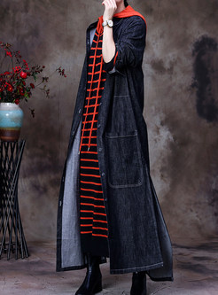 Women's Casual Hooded Stylish Oversize Solid Long Denim Cardigan Outwear