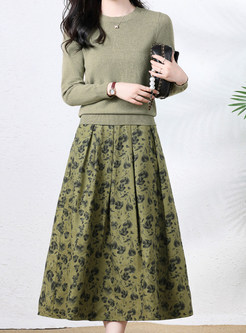 Hot Knitted Jumper & All Over Print Big Hem Midi Skirts For Women