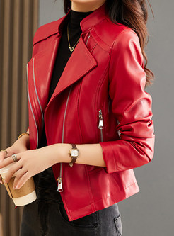 Notched Collar Slim Full Zip Leather Blazer For Women