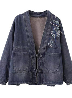 Vintage V-Neck Boxy Cropped Denim Jackets For Women