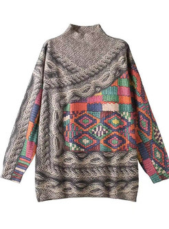 Vintage Chunky Intarsia High Neck Cable Knit Boxy Sweaters For Women