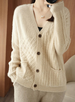 Utility V-Neck Cable Knit Single-Breasted Open Front Knitted For Women