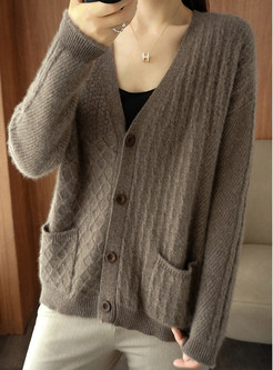 Utility V-Neck Cable Knit Single-Breasted Open Front Knitted For Women