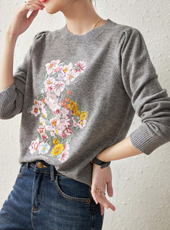 Scoop Neck Flowers Embroidered Loose Sweaters For Women