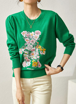 Scoop Neck Flowers Embroidered Loose Sweaters For Women