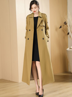 Lapel Solid Double-Breasted Womens Long Coats
