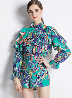Pleated Neck Ruffles All Over Print Dressy Pant Suits For Women