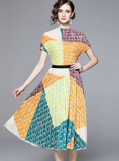 Fashion Geometric Patchwork Pleated Casual Dresses
