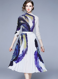 Stylish Printed Pleated Big Hem Midi Skirt Suits