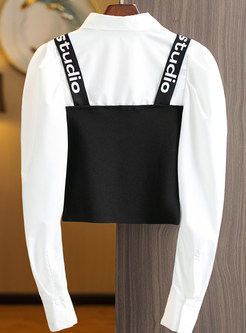 Turn-Down Collar Puff Sleeve Color Contrast Girls Tops