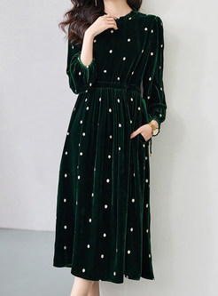 Vintage Polka Dot Embroidered Elastic Waist Midi Dresses