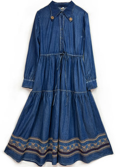 Vintage Embroidered Half Snap Drawstring Waist Denim Dresses