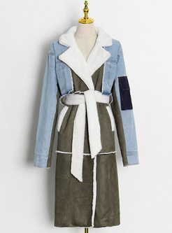 Stylish Denim Patchwork Fleece Long Overcoat
