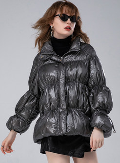 Fashion Frilled Mock Neck Zipped Cropped Womens Down Coats