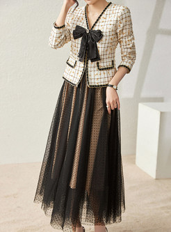 Glamorous V-Neck Bowknot Tweed Top & Big Hem Polka Dot Mesh Maxi Skirts