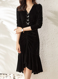 Premium-Fabric Pleated Front Velvet Peplum Dresses