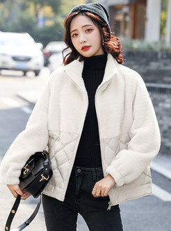 Relaxed Turn-Down Collar Plush Patch Cropped Jackets For Women