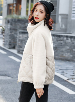 Relaxed Turn-Down Collar Plush Patch Cropped Jackets For Women