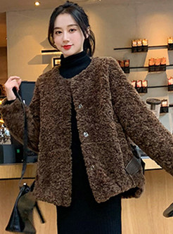 Cute Crew Neck Bow-Embellished Snap Button Front Womens Teddy Coats