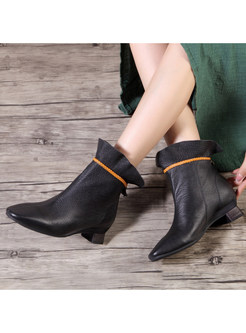 Comfort Block Heel Ruffles Genuine Leather Bootie For Women