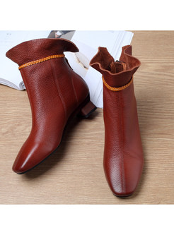Comfort Block Heel Ruffles Genuine Leather Bootie For Women