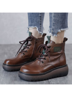 Vintage Genuine Leather Lace-Up Fastening Womens Platform Boots