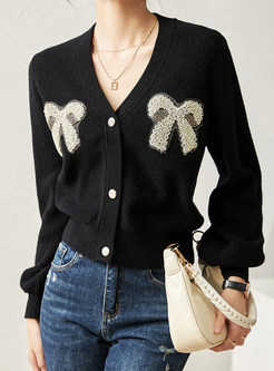 V-Neck Single-Breasted Oversize Bowknot Open Front Knitted