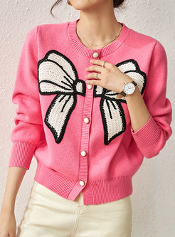 Women's Sweet & Cute Pearl Button Bowknot Open Front Knitted