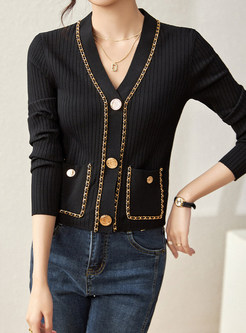 Women's V-Neck Patchwork Single-Breasted Fitted Open Front Knitted