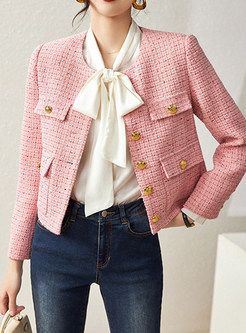 Sweet & Cute Crew Neck Plaid Cropped Women's Coats & Jackets
