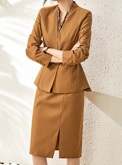 Premium V-Neck High Waisted Blazer Skirt Suits For Women