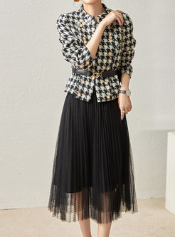 Fashion Tweed Houndstooth Top & Pleated Mesh Midi Skirts