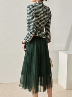 Fashion Tweed Houndstooth Top & Pleated Mesh Midi Skirts