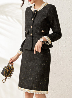 Frill Trim Neck Tweed Single-Breasted Fashion Skirt Suits
