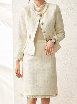 Frill Trim Neck Tweed Single-Breasted Fashion Skirt Suits