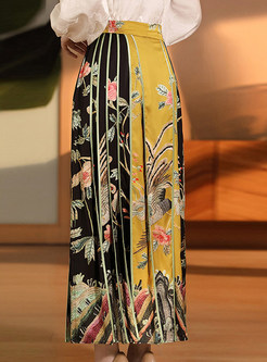 Vintage Embroidered Printed Pleated Long Skirts