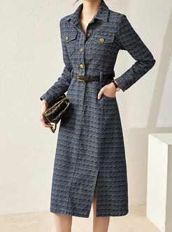 Fashion Turn-Down Collar Jacquard Half Snap Midi Dresses