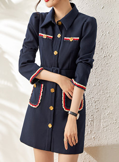 Elegant Turn-Down Collar Contrasting Dual Pocket Mini Dresses