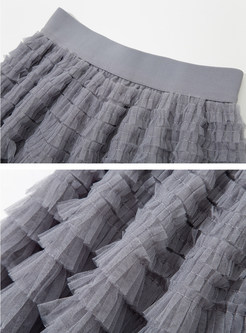 Elastic Waist Ruched Detail Mesh Long Skirts For Women
