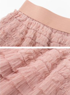 Elastic Waist Ruched Detail Mesh Long Skirts For Women
