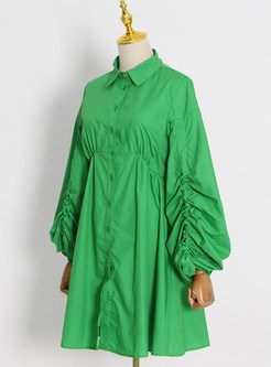Fashion Drawcord Lantern Sleeve Pleated Shirt Dresses